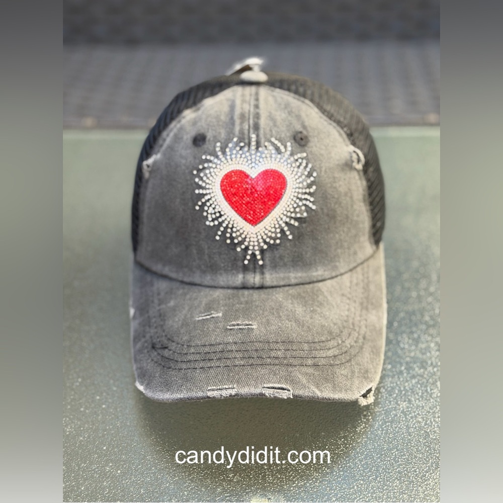 NWT Handmade In My Heart Faded Black Distressed Bling Cap With Crystal Burst